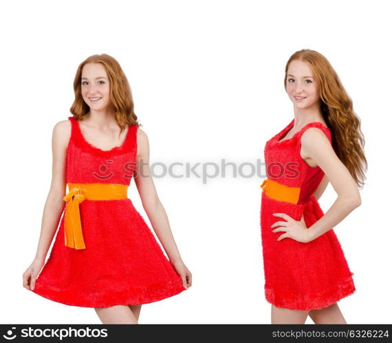 Pretty young girl in red dress isolated on white