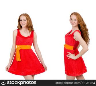 Pretty young girl in red dress isolated on white
