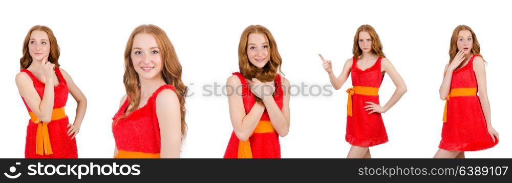 Pretty young girl in red dress isolated on white