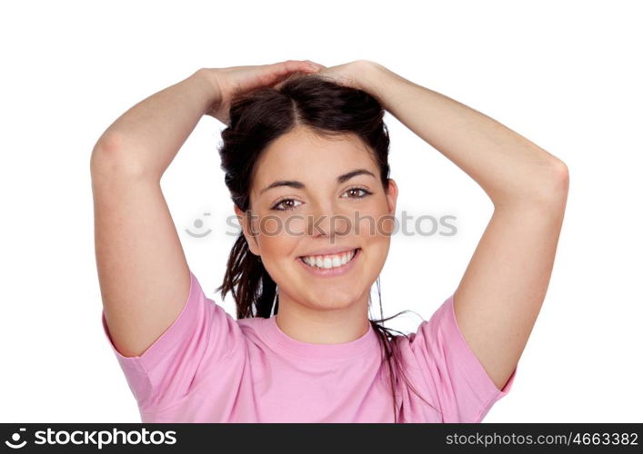 Pretty young girl touching her hair isolated on white background