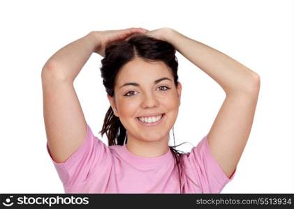 Pretty young girl touching her hair isolated on white background