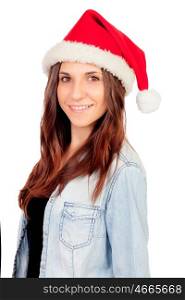 Pretty young girl with Christmas hat isolated on a white background