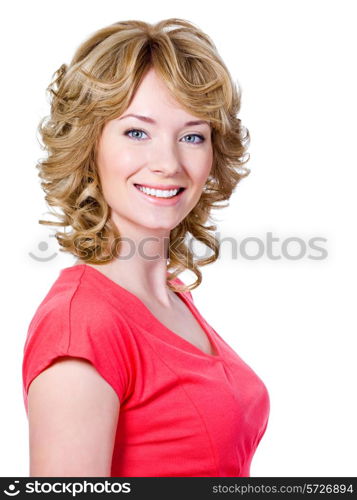 Pretty young happy woman with cheerful toothy smile - isolated on white