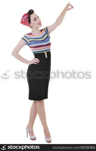 pretty young happy woman with travel bag waiting and posing isolated on white in studio