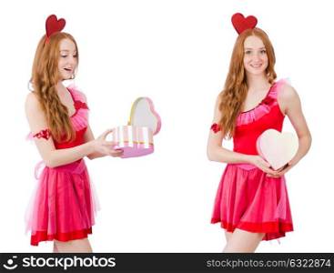 Pretty young model in mini pink dress holding gift box isolated . Pretty young model in mini pink dress holding gift box isolated on white