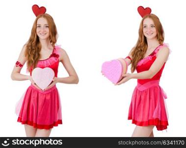 Pretty young model in mini pink dress holding gift box isolated . Pretty young model in mini pink dress holding gift box isolated on white