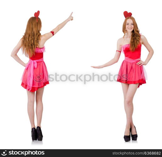 Pretty young model in mini pink dress isolated on white