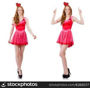 Pretty young model in mini pink dress isolated on white