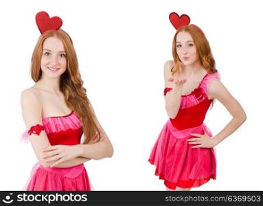 Pretty young model in mini pink dress isolated on white