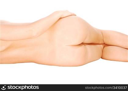 Pretty young naked girl lying on the floor shooing her back and the bumwith her perfect slim body, for white background.