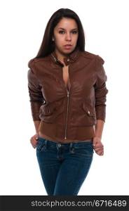 Pretty young petite Latina in a brown leather jacket