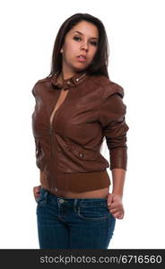 Pretty young petite Latina in a brown leather jacket