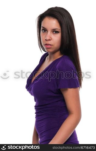 Pretty young petite Latina in a short purple dress