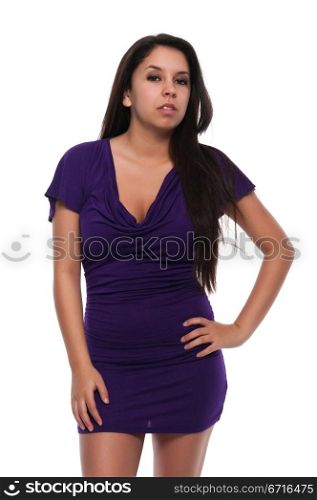Pretty young petite Latina in a short purple dress