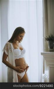 Pretty young pregnant woman standing at window in the room at daylight