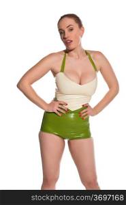 Pretty young redhead in green and white latex