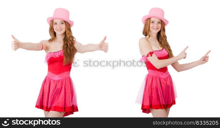 Pretty young wizard in mini pink dress isolated on white