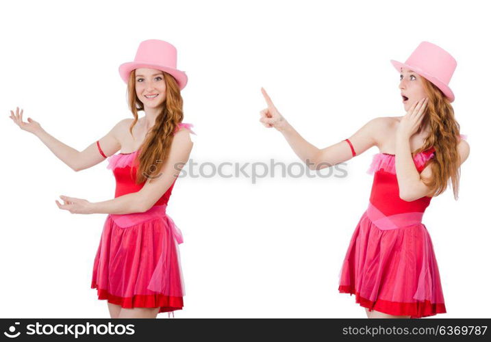 Pretty young wizard in mini pink dress isolated on white