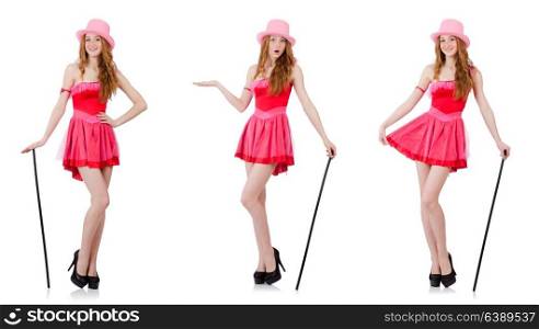 Pretty young wizard in mini pink dress isolated on white
