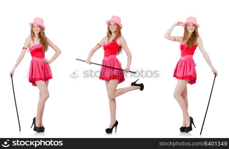 Pretty young wizard in mini pink dress isolated on white