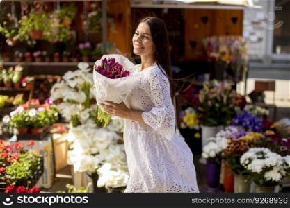 Pretty young woman buying flowers at the flower market