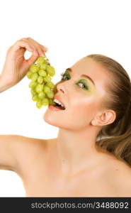 Pretty young woman closeup with grape on the white background