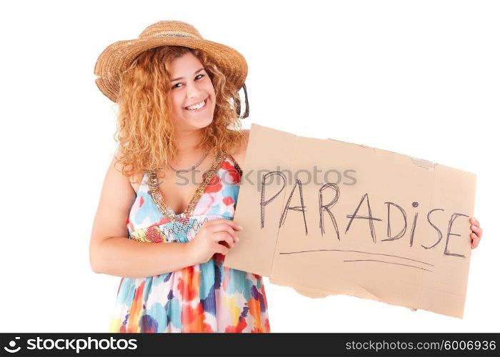 Pretty young woman holding a blank card