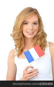 Pretty young woman holding a French flag