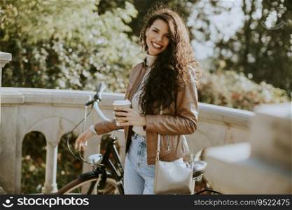 Pretty young woman holding takeaway coffee cup by the bicyc≤on autumn day