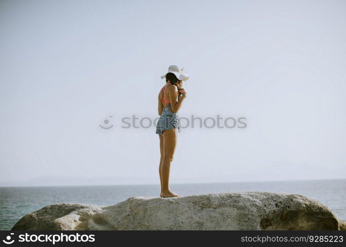 Pretty young woman in bikini standing on rocks by the sea