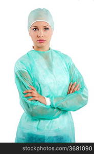 pretty young woman in green surgery dress looking in camera