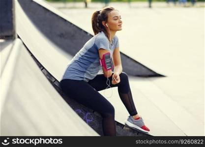 Pretty young woman relaxing during exercise in the park on a sunny day