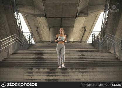 Pretty young woman running alone down stairs outdoor in urban environment