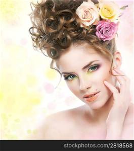 Pretty young woman touching her beautiful face. Fresh healthy skin, bright make up and flowers - series of photos