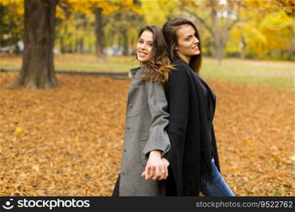 Pretty young woman walk in the autumn park
