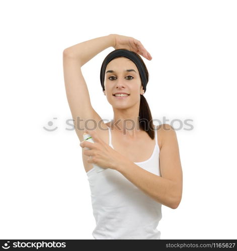 pretty young woman with antiperspirant deodorant isolated on white background