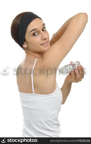 pretty young woman with antiperspirant deodorant isolated on white background