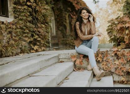 Pretty young woman with mobile phone on autumn day