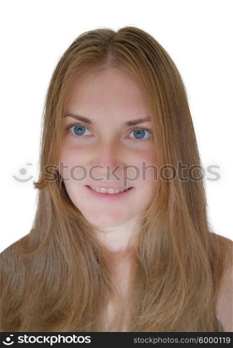 Pretty young woman with red hair and blue eyes isolated on white