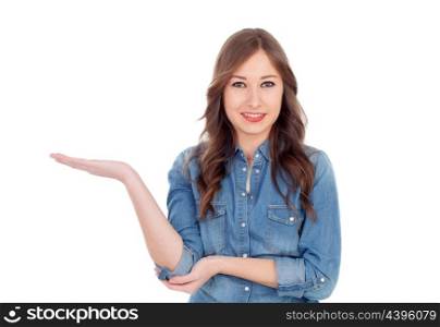 Pretty young woman with the hand extended isolated on a white background