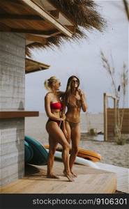 Pretty young women in bikini standing by the surf cabin on a beach at summer day