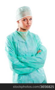 prety nurse in green surgery dress and a cap covering her hair over white