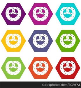 Pretzels icon set many color hexahedron isolated on white vector illustration. Pretzels icon set color hexahedron