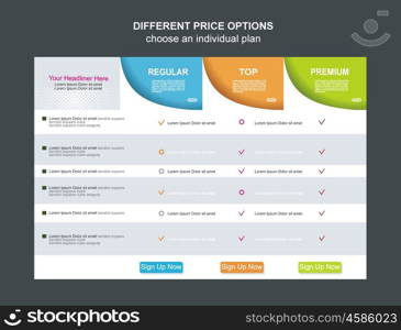 Price list widget with 3 payment plans for online services, pricing table for websites and applications.