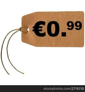 Price tag with string isolated over white, 0.99 euro cent. Tag label