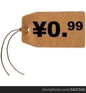 Price tag with string isolated over white, 0.99 yen cent. Tag label