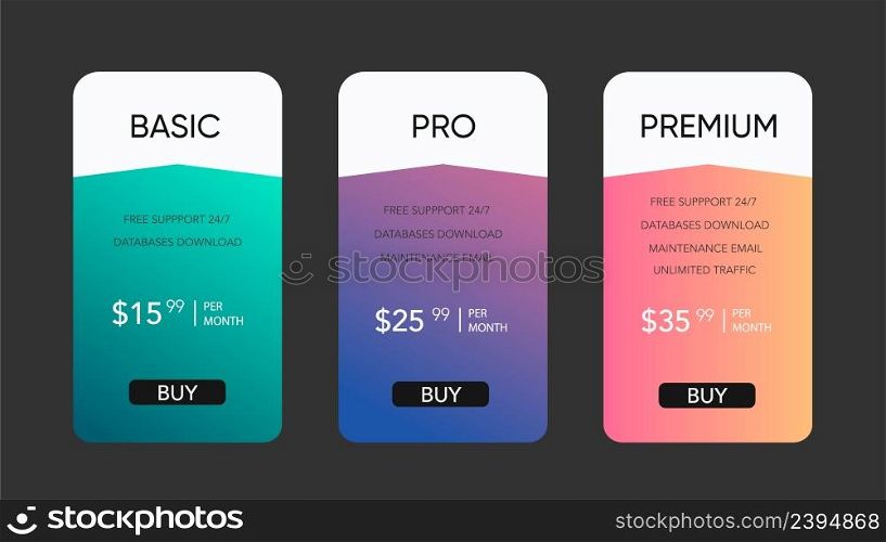 Pricing table design template for websites and applications. Stock vector. Pricing table design template for websites and applications.