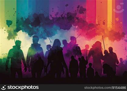 Pride festival with people celebrating. Rainbow colors background. Generative AI