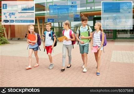 primary education, childhood, communication and people concept - group of happy elementary school students with backpacks walking and talking outdoors over virtual screens with statistics charts. group of happy elementary school students walking