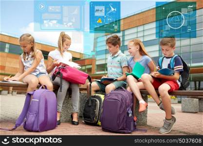 primary education, learning and people concept - group of happy elementary school students with backpacks and notebooks sitting on bench outdoors over virtual screens with statistics charts. group of happy elementary school students outdoors